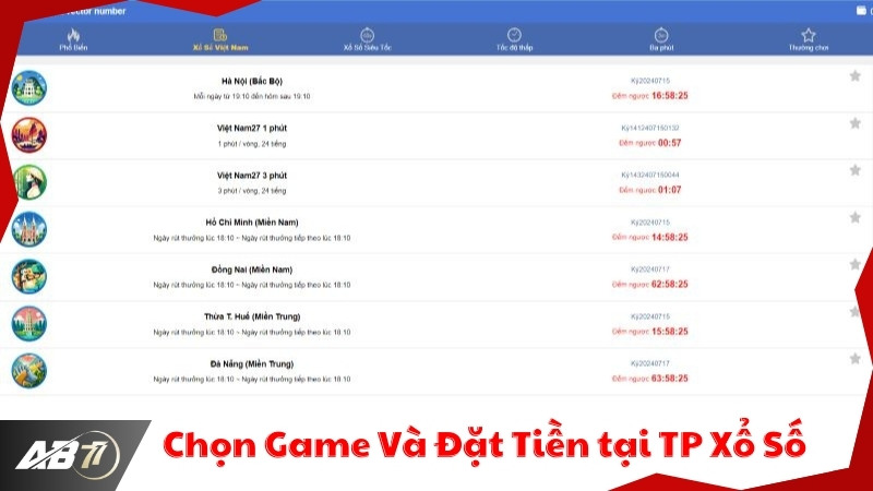 Tùy chọn sản phẩm và đặt tiền tại TP xổ số trên AB77